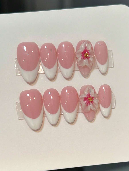 10PCS Handmade French Press-On Nails – 3D Floral Pink White, Medium Length