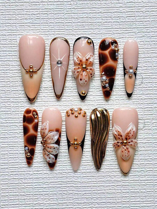 10PCS Gothic Gold Press-On Nails – Long Almond, 3D Floral & Pearl