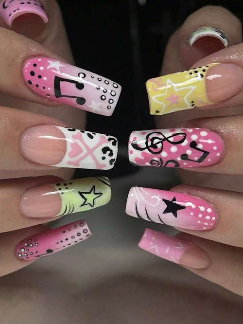 Sanrio Y2K Long Square Press-On Nails – 24pcs Black & Pink Cute Design