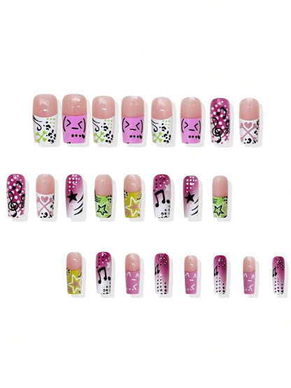 Sanrio Y2K Long Square Press-On Nails – 24pcs Black & Pink Cute Design