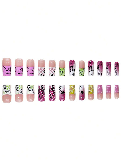Sanrio Y2K Long Square Press-On Nails – 24pcs Black & Pink Cute Design