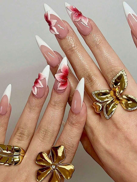 Handmade 3D Floral French Press-On Nails – Pointed Shape