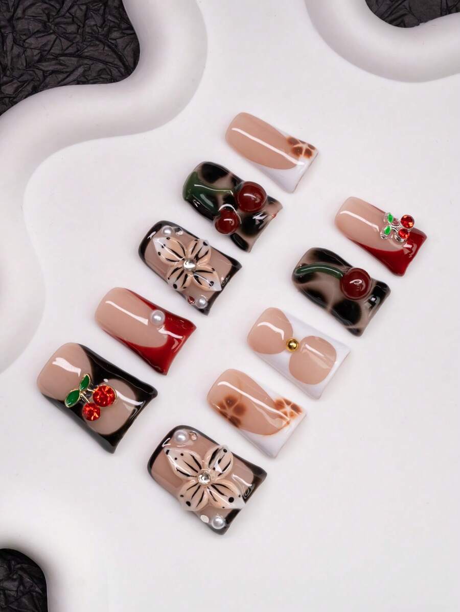 Y2K Duck Beak French Press-On Nails – Handmade Cherry & Pearl Set (10pcs)