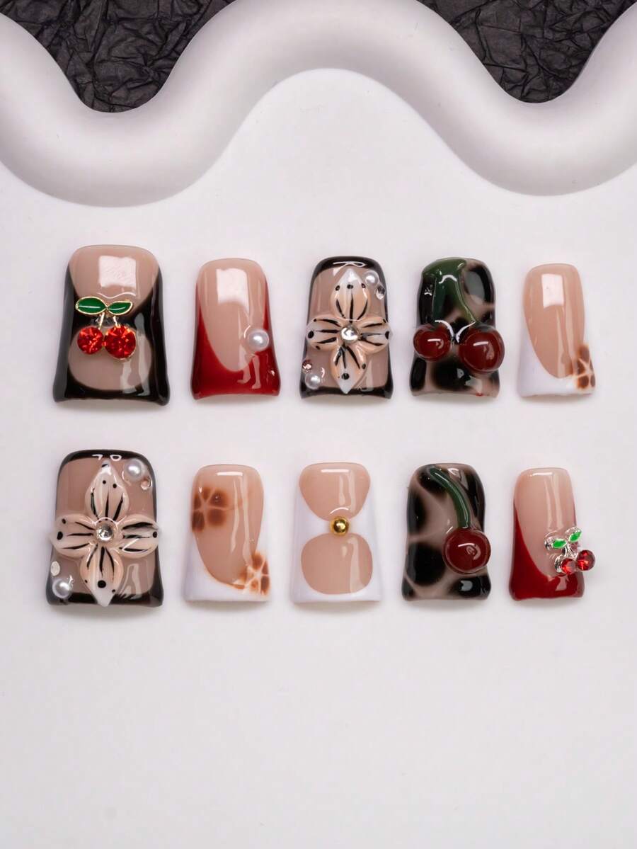 Y2K Duck Beak French Press-On Nails – Handmade Cherry & Pearl Set (10pcs)