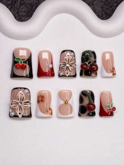 Y2K Duck Beak French Press-On Nails – Handmade Cherry & Pearl Set (10pcs)