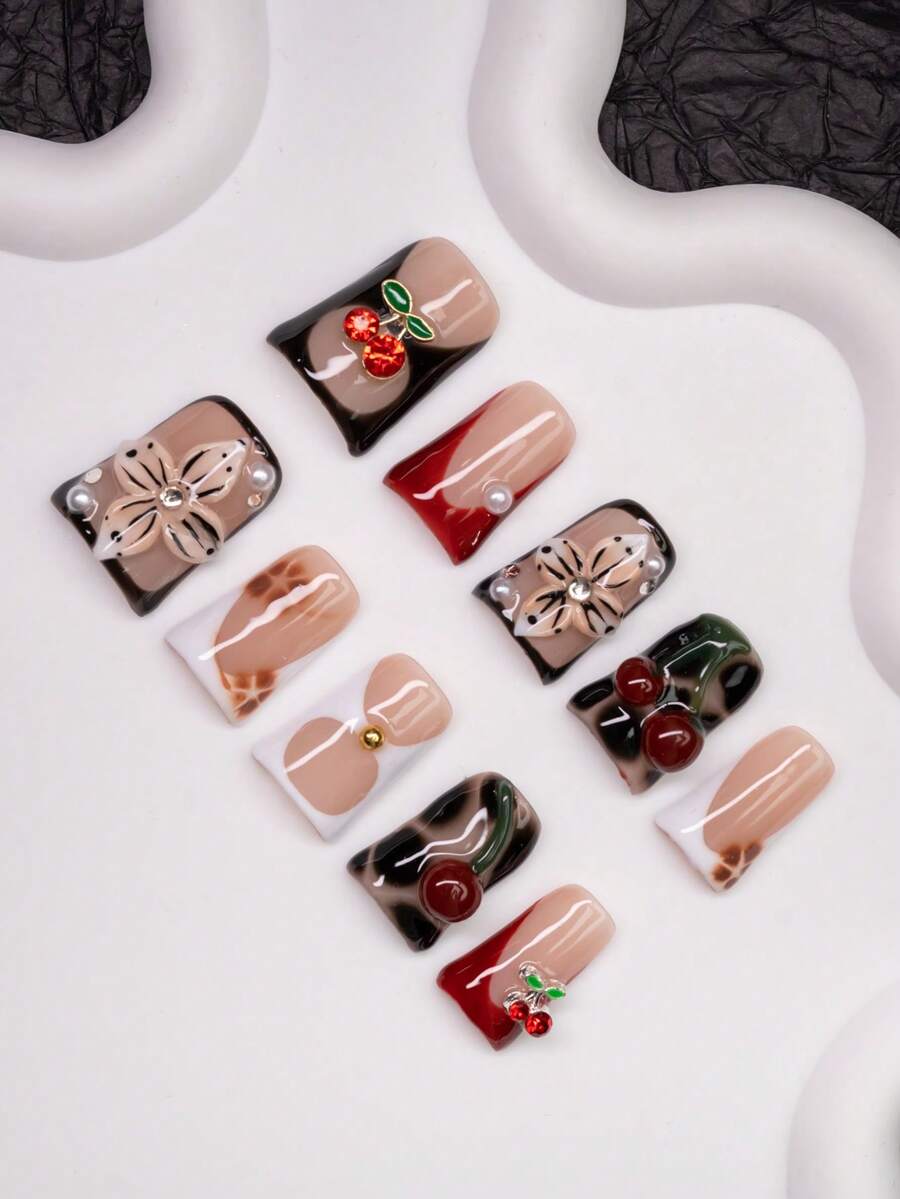 Y2K Duck Beak French Press-On Nails – Handmade Cherry & Pearl Set (10pcs)