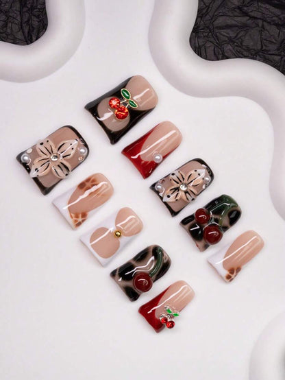 Y2K Duck Beak French Press-On Nails – Handmade Cherry & Pearl Set (10pcs)