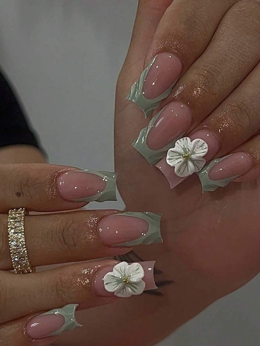 24PCS Floral French Press-On Nails – Medium Oval, 3D Pearl Orange Pink, Reusable Nail Set